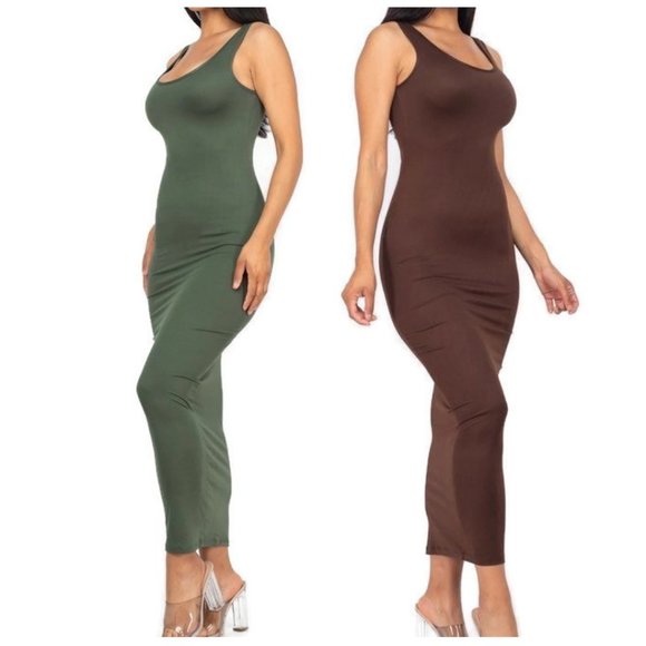 CAPELLA Olive Brown Basic Bodycon Casual Activewear Sleeveless Maxi Dresses - Picture 1 of 4
